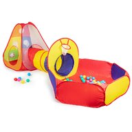 Cort de joaca pentru copii, iPlay, casuta cu tunel si piscina, 100 de bile colorate, cos pentru baschet, 300x120x100 cm, Multicolor