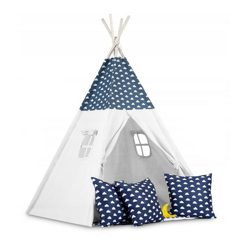 Cort de joaca pentru copii, Ricokids, Blue Marin, cu fereastra, lampa, 3 perne, lumini, 120x120x165 cm