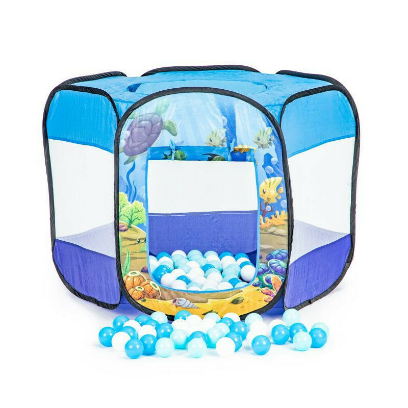 Cort de joaca pentru copii tip piscina uscata, cu 100 de bile colorate incluse, iPlay, 90 x 90 x 70 cm, Albastru