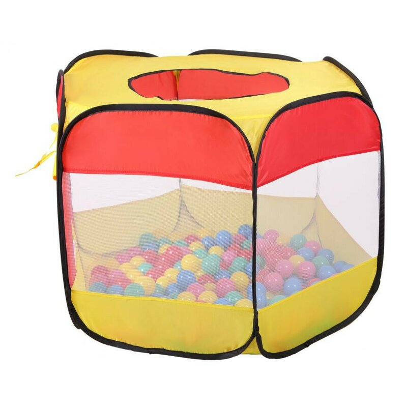 Cort de joaca pentru copii tip piscina uscata, cu 100 de bile colorate incluse, iPlay, 90 x 90 x 70 cm, Galben/Rosu