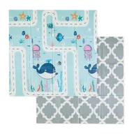 Covoras educativ, Petite&Mars, Campy S, Din spuma XPE non-toxica, Cu doua fete, Suprafata antiderapanta, 120x120 cm, Pliabil compact  40×30×13 cm, Model animalute si forme geometrice