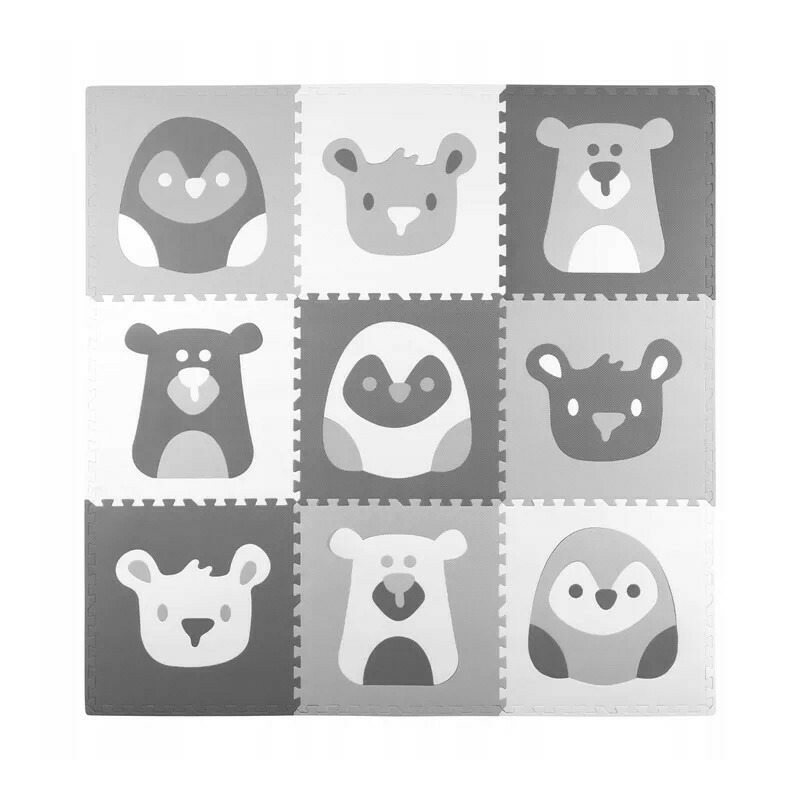 Covoras puzzle din spuma pentru copii, Ricokids, 180x180cm, 9 piese, Grey Animals