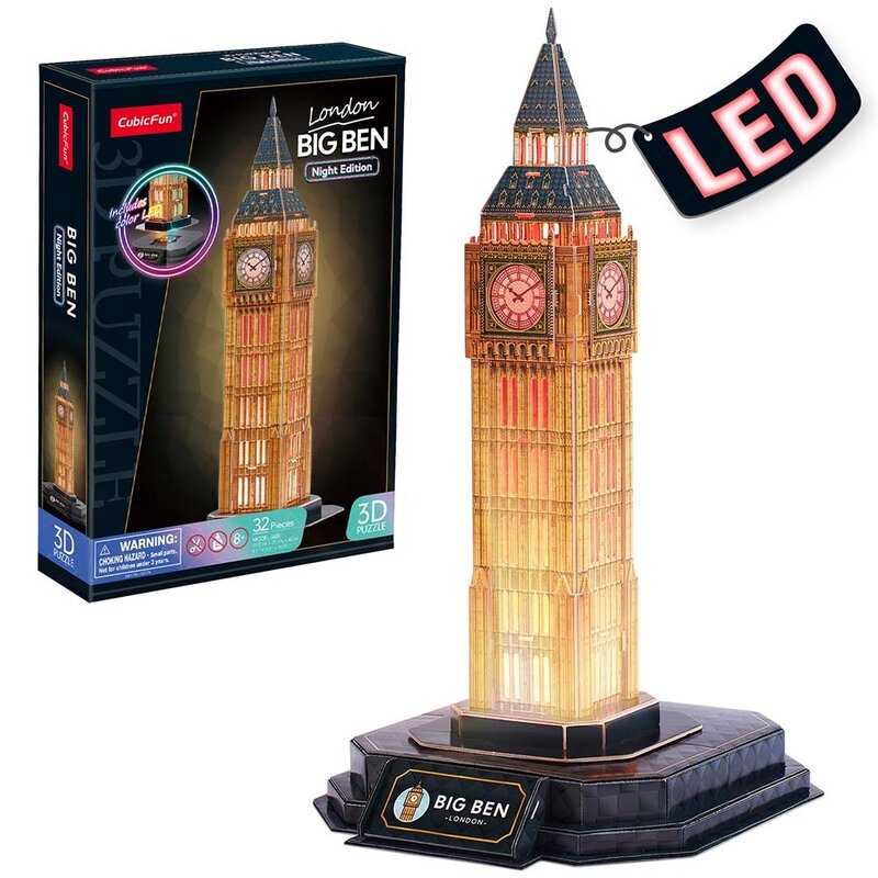 Puzzle 3D, Cubic Fun, Big Ben, Editie luminoasa, 32 piese, 8 ani+, Multicolor