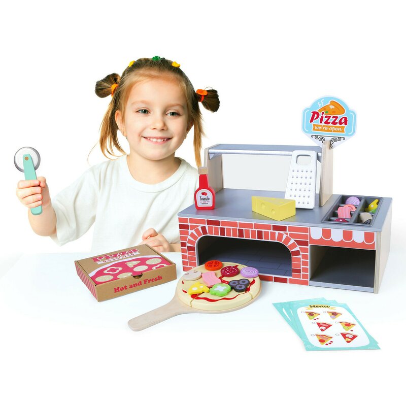 Cuptor pizzerie cu accesorii din lemn, Ecotoys, joc de rol, dezvolta imaginatia si abilitatile manuale Bucatarii copii