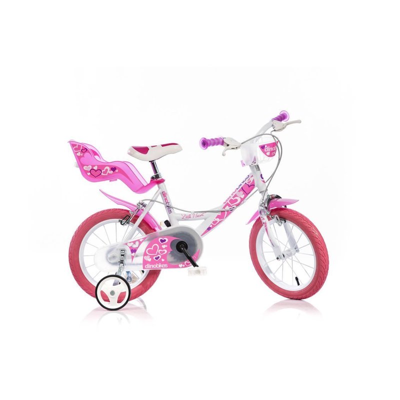 Bicicleta cu pedale, Dino Bikes, Inimioare, Cu roti ajutatoare, Cu cosulet frontal, Cu scaunel pentru papusa, 14 inch, Pana la 50 kg, 4 ani+, Multicolor