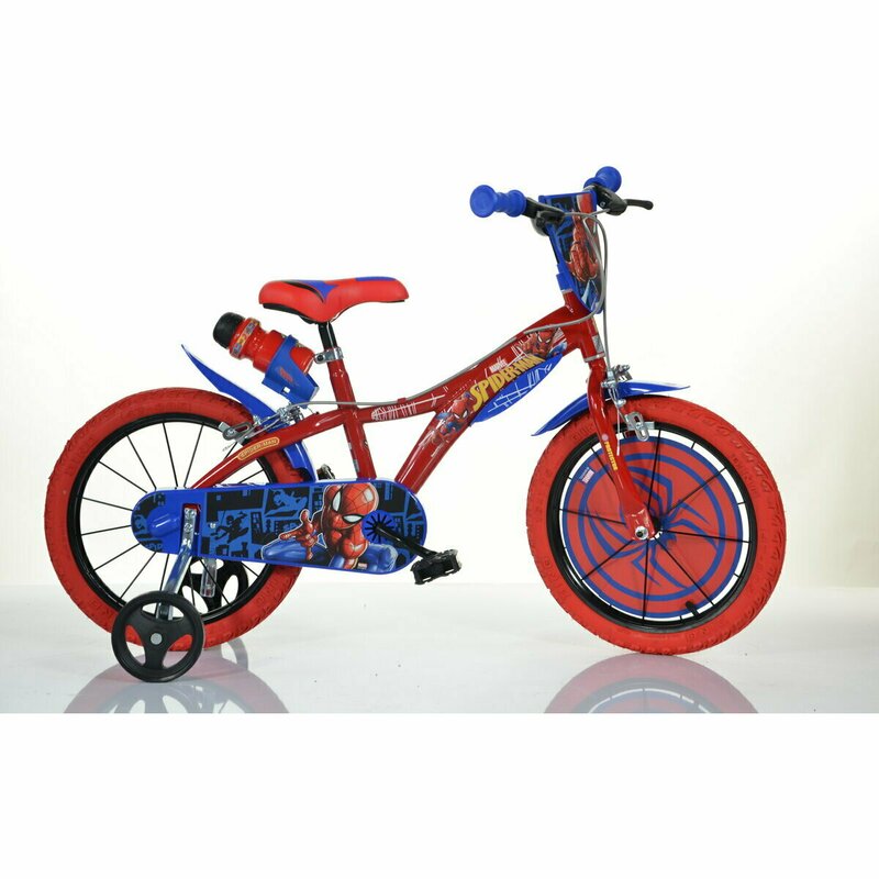 Dino bikes - bicicleta cu pedale , spiderman, 14 , cu roti ajutatoare, rosu