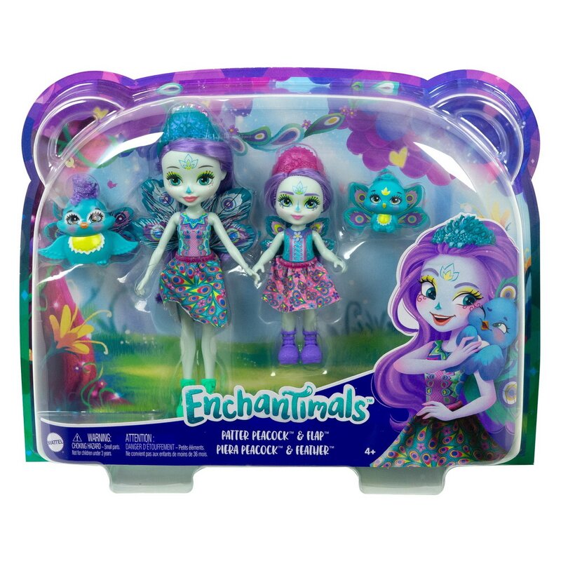 Mattel - ENCHANTIMALS SET PAPUSI SURORI SI ANIMALUTELE LOR PATTER PEACOCK & FLAP SI PIERA PEACOCK & FEATHER