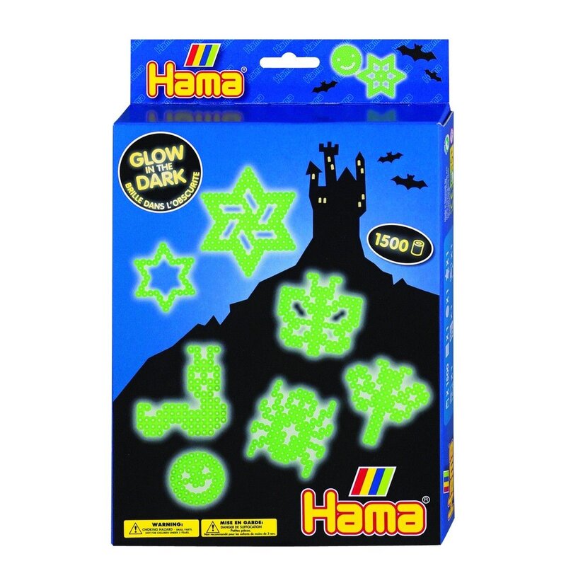 Hama - set margele de calcat fosforescent in cutie cu agatator, 1500 buc midi