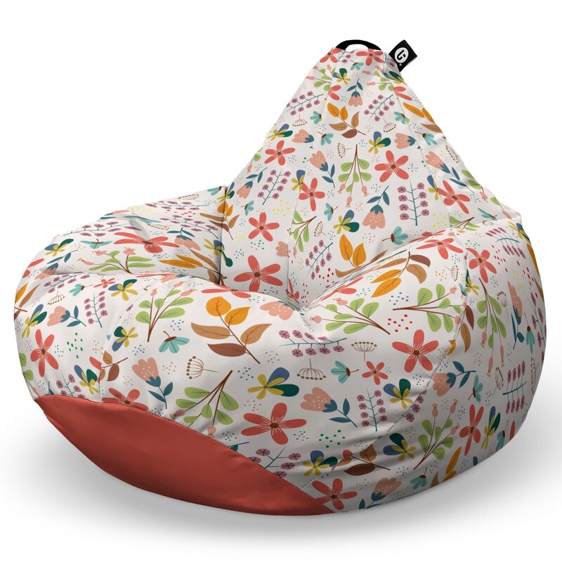 Fotoliu Puf Bean Bag tip Para L, Alb cu Flori Multicolore