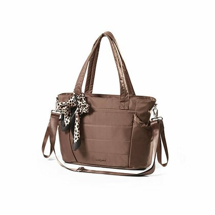 Geanta pentru mamici, BabyOno, Cami, Pentru carucior si umar, 45 x 12 x 30 cm, Saltea de infasat inclusa, Material imperbeabil, 10 buzunare, inclusiv izoterme pentru biberoane, Suport de chei, Maro
