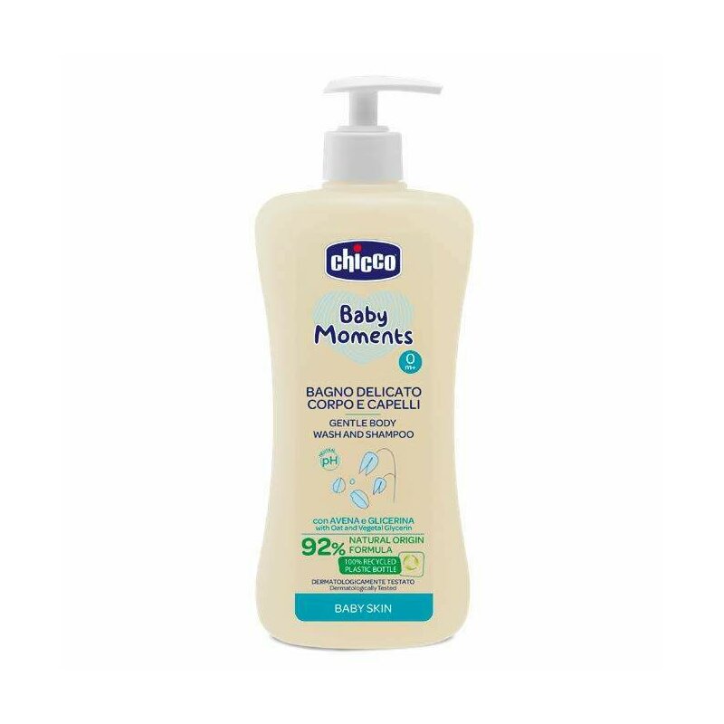 Gel de dus si sampon fara lacrimi Chicco Baby Moments Baby Skin, 500ml, 0luni+