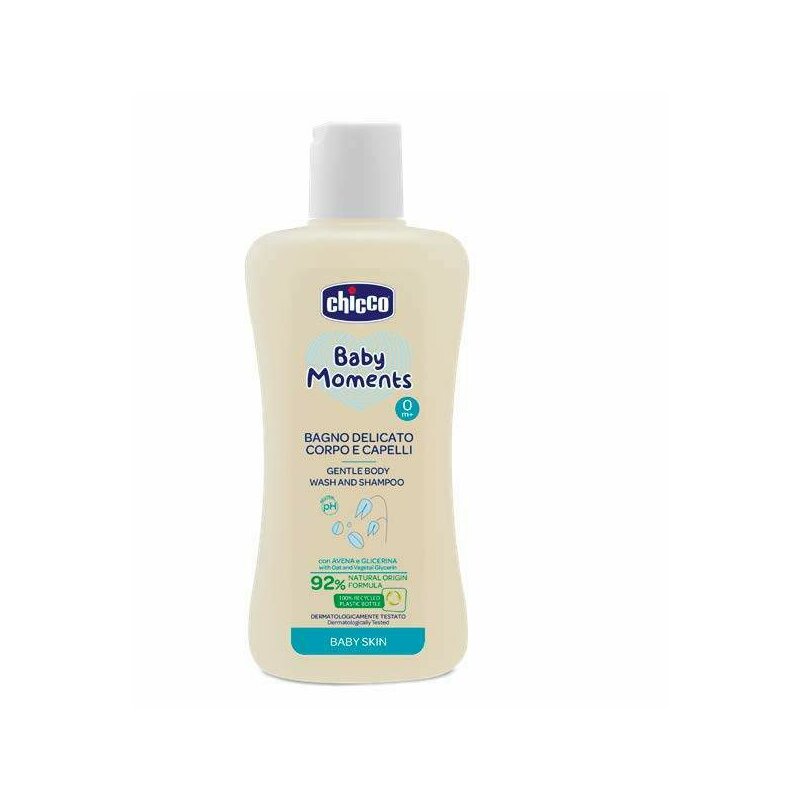 Gel de dus si sampon fara lacrimi Chicco Baby Moments Skin, 200ml, 0luni+