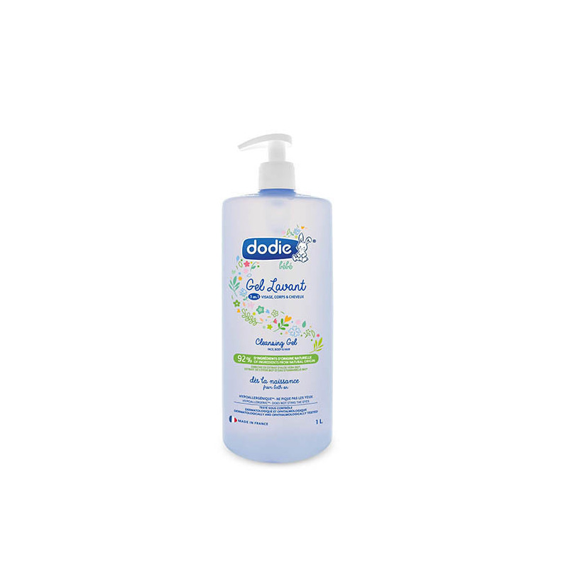 Gel de spalare Dodie 3-in-1, fata, corp si par, 92% ingrediente de origine naturala, 1000 ml