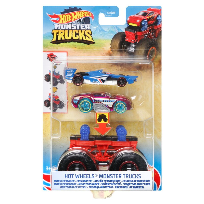 Mattel - hot wheels monster truck cu masinute roz si albastru