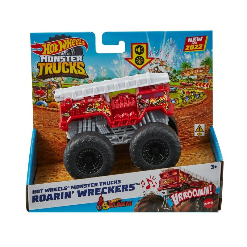 HOT WHEELS MONSTER TRUCK ROARIN WRECKERS 5ALARM CU FUNCTII SI SUNETE SCARA 1:43