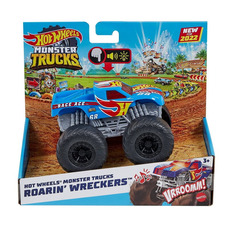 HOT WHEELS MONSTER TRUCK ROARIN WRECKERS RACE ACE CU FUNCTII SI SUNETE SCARA 1:43