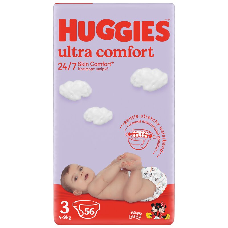 Huggies - Scutece Ultra Comfort Jumbo, Marimea 3, Unisex, Design Mickey&Mini, 4-9 kg, 56 buc