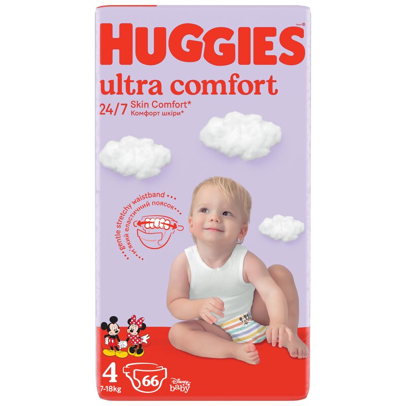 Huggies - Scutece Ultra Comfort Mega, Marimea 4, Unisex, Design Mickey&Mini, 8-14 kg, 66 buc