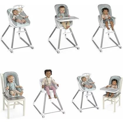 Scaun inalt de masa, Ingenuity, Multifunctional, Cu functii diverse, Inclinare in 3 pozitii, Cu suport picioare reglabil in 2 pozitii, Cu tavita detasabila si reglabila cu o singura mana, Cu 3 pozitii de blocare, Cu roti, Cu vibratii, 0-5 ani, Gri