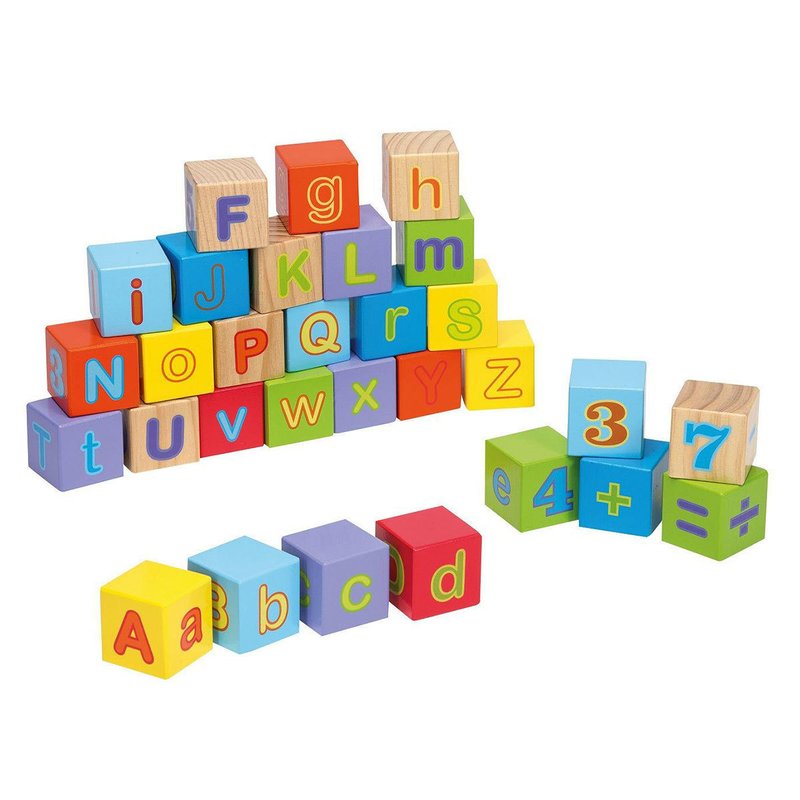 Cuburi educative, Joueco, Alfabetul, 30 piese, Din lemn certificat FSC, 12 luni+, Multicolor