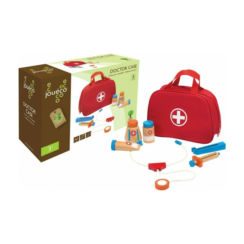 Joueco - Jucarie Set doctor, Din lemn certificat FSC, 25x18 cm, 24 luni+, 8 piese, Multicolor