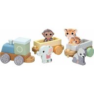 Trenulet, Joueco, Locomotiva si doua vagoane, Include 4 figurine in forma de maimuta, tigru, elefant si panda, Din lemn certificat FSC, 18 luni+, Multicolor