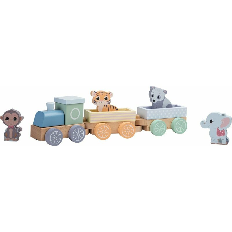 Trenulet, Joueco, Locomotiva si doua vagoane, Include 4 figurine in forma de maimuta, tigru, elefant si panda, Din lemn certificat FSC, 18 luni+, Multicolor