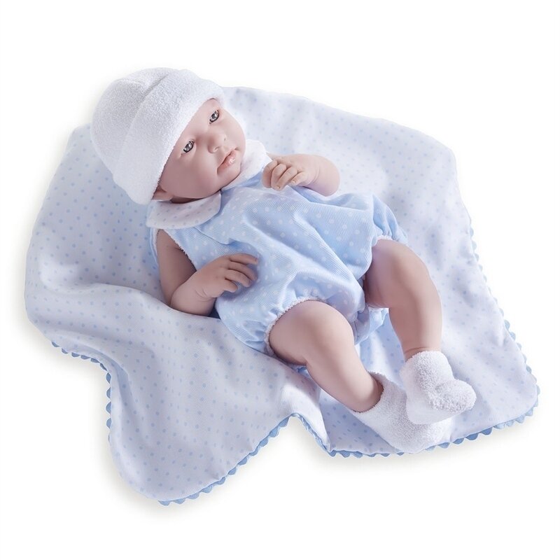 Jucarie bebe baiat 43 cm costum vara bleu si paturica