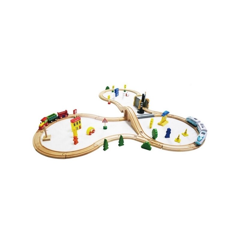 Jucarie cale ferata din lemn cu tren cu baterii Ecotoys HM015147, 69 elemente, multicolor