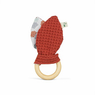 Jucarie organica cu inel de prindere din lemn si urechi din material textil, caramiziu, Gruenspecht 696-V2