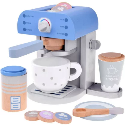 Jucarie pentru bucatarie, Jokomisiada, Aparat de cafea, Din lemn, 6 moduri de preparare, cu accesorii, 18,5 x 18,5 x 14,5 cm, 3 ani+, Alb/Albastru