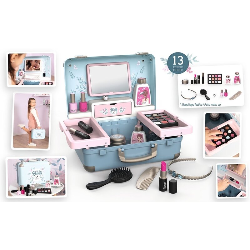 Trusa de machiaj, Smoby, My Beauty Vanity, Pentru fetite, Include oje, farduri si accesorii, Cu oglinda, 35,5x28,6x28,5 cm, 36 luni+, Baby Blue