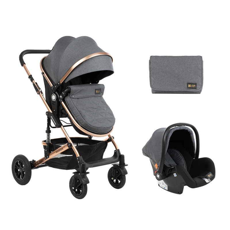 Carucior 3 in 1, KikkaBoo, Amaia, Transformabil, Cu scaun reversibil, 0-22 kg, Cu geanta de mamici, Suport pahar, Plasa tantari si protectie picioare, Spatar reglabil si copertina detasabila, Gri Inchis