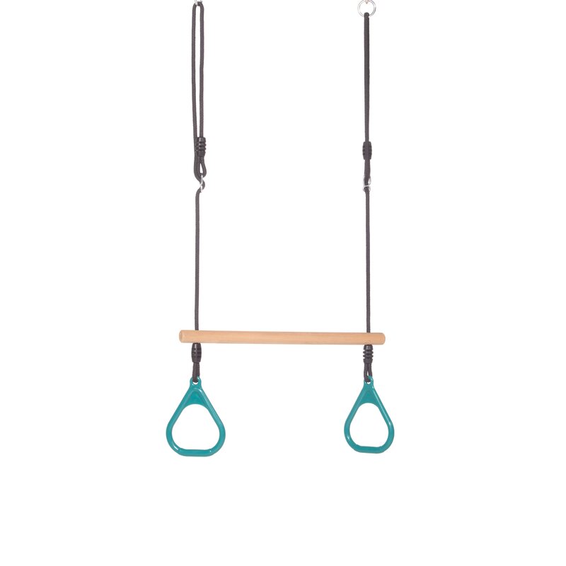 Leagan, Dice, In forma de trapez, Cu inele de plastic si suprafata din lemn, Cu franghie, Ajustabil pe inaltime pana la 250 cm, 3 ani+, Turquoise