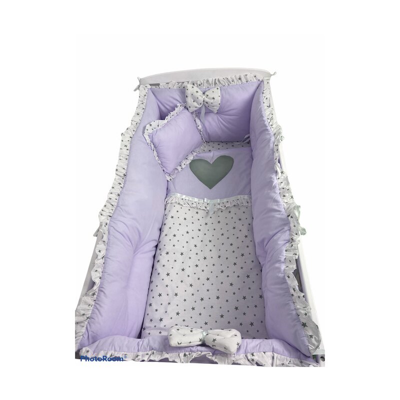 Deseda - lenjeria cu aparatori super groase si inimioara gri lila pal - stelute gri pe alb pat 140x70 cm