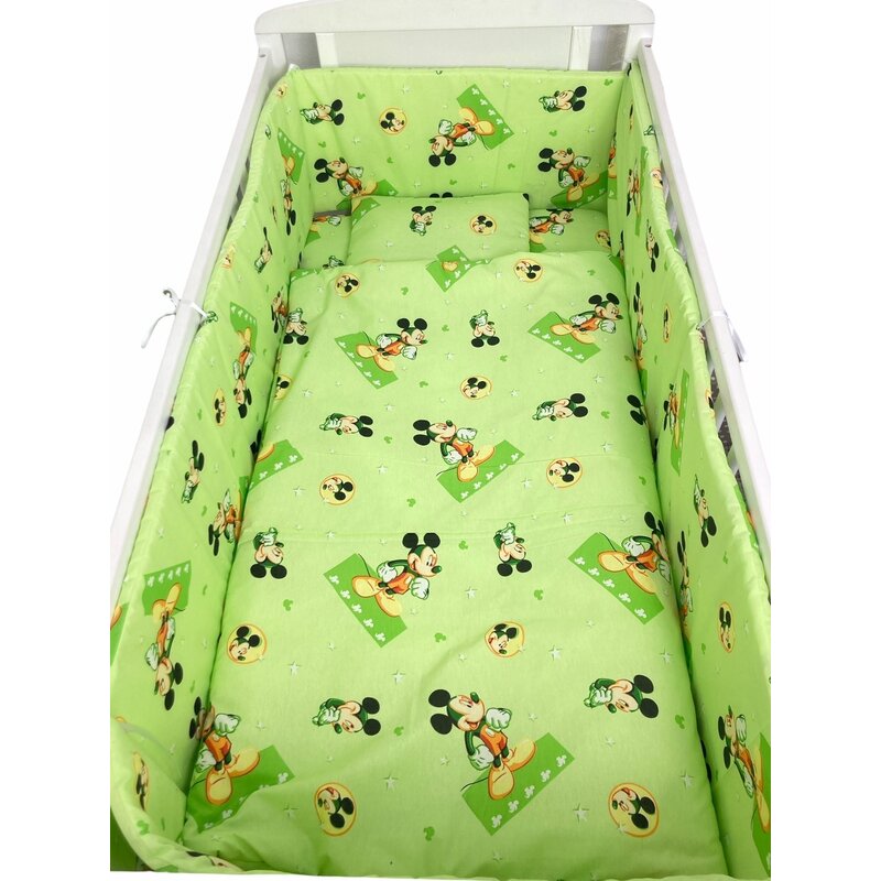 Lenjerie de patut bebelusi 120x60 cm 5 piese cu aparatori laterale pe burete CN Mickey pe verde