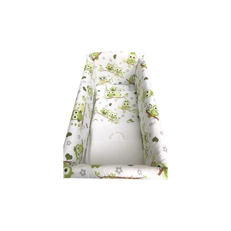 Deseda - lenjerie de patut bebelusi 120x60 cm cu aparatori maxi bufnite indragostite verzi