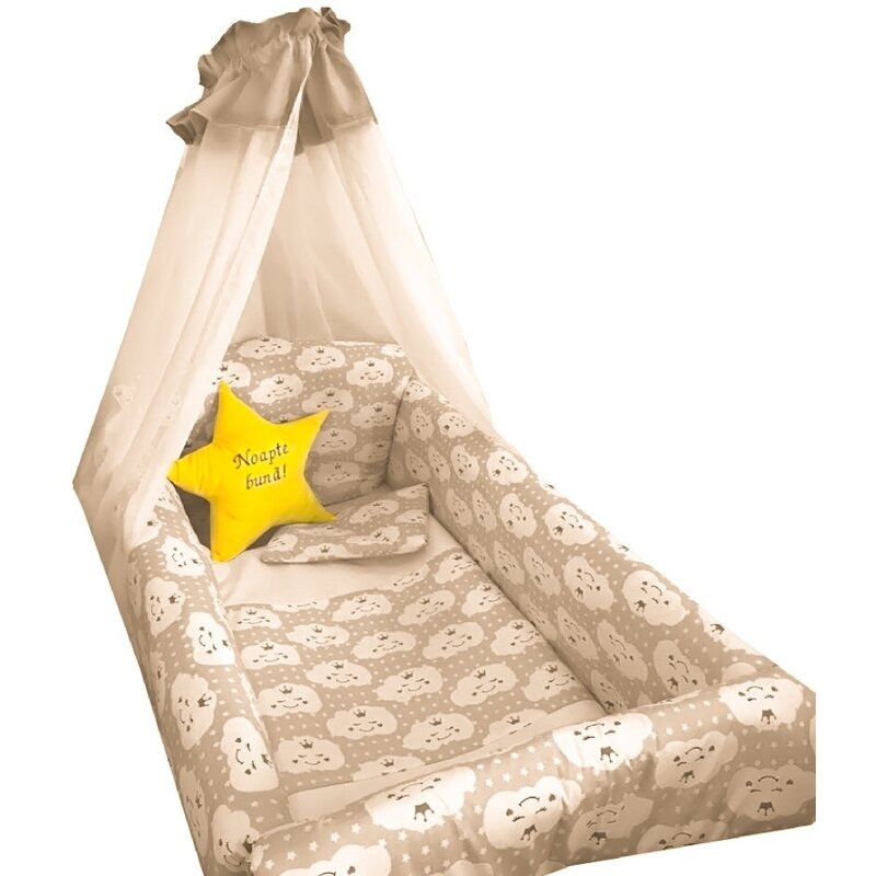 Deseda - lenjerie de patut bebelusi 9 piese pat 120x60 cm cu baldachin si aparatori maxi steluta noapte buna bej