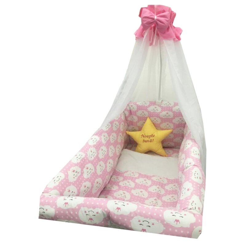 Deseda - lenjerie de patut bebelusi 9 piese pat 120x60 cm cu baldachin si aparatori maxi steluta noapte buna roz