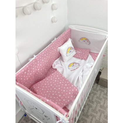 Lenjerie de patut bebelusi Personalizata Imprimata pat 120x60 cm Steluțe pe roz Unicorn cu curcubeu