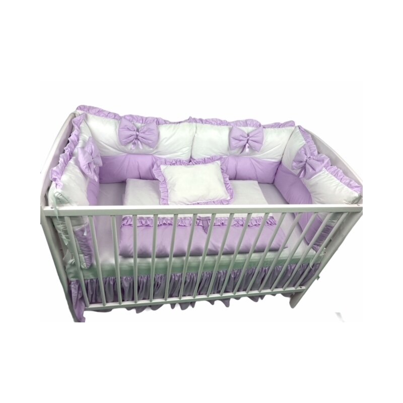 Deseda - lenjerie de patut cu 6 aparatori pufoase alb-lila 120x60 cm fundite plapumioara perna si cearsaf cu volan