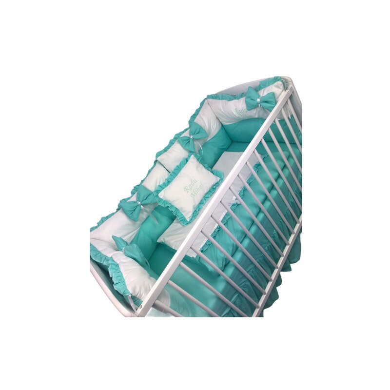 Deseda - lenjerie de patut cu 6 aparatori pufoase alb-verde menta pat 120x60 cm fundite plapumioara perna si cearsaf cu volan