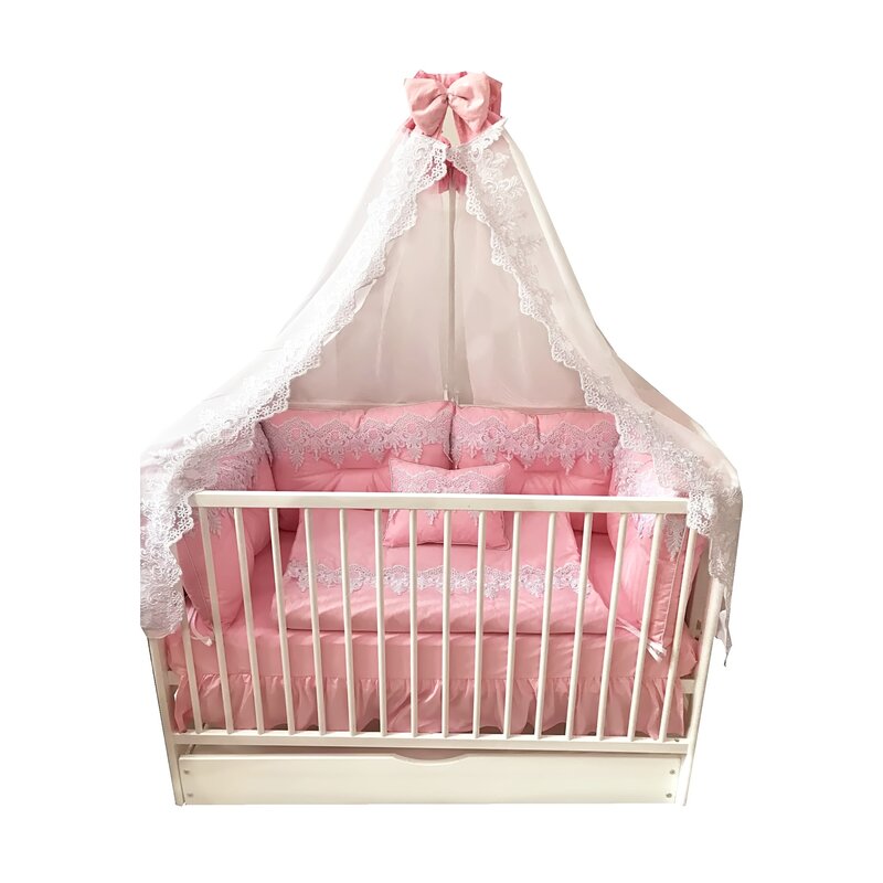 Deseda - lenjerie lux by cu 6 aparatori super groase pat 120x60 cm baldachin si suport metalic baldachin roz - alb