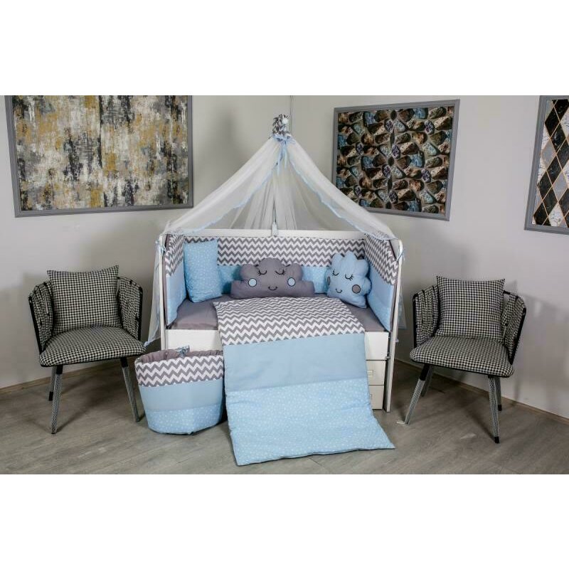 Mykids - lenjerie 10 piese cloud, fara baldachin, din bumbac, 120x60 cm, albastru/gri