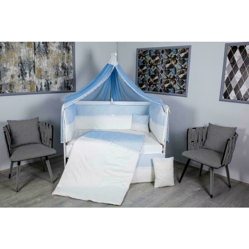 Mykids - lenjerie 9 piese, fara baldachin, din bumbac, 120x60 cm, alb/albastru