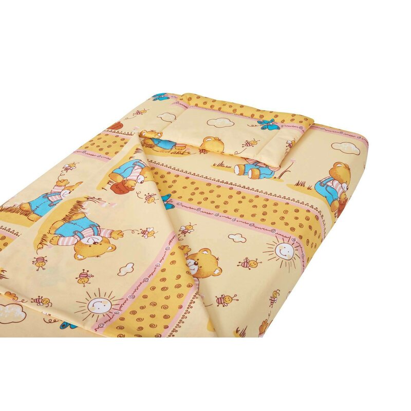 Lenjerie patut bebe, SomnART, cearceaf pat 60x120x10 cu elastic, cearceaf pilota 80x110, perna joasa 20x35, Honey