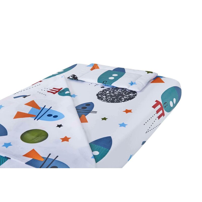 Lenjerie patut bebe, SomnART, cearceaf pat 60x120x10 cu elastic, cearceaf pilota 80x110, perna joasa 20x35, Rachete