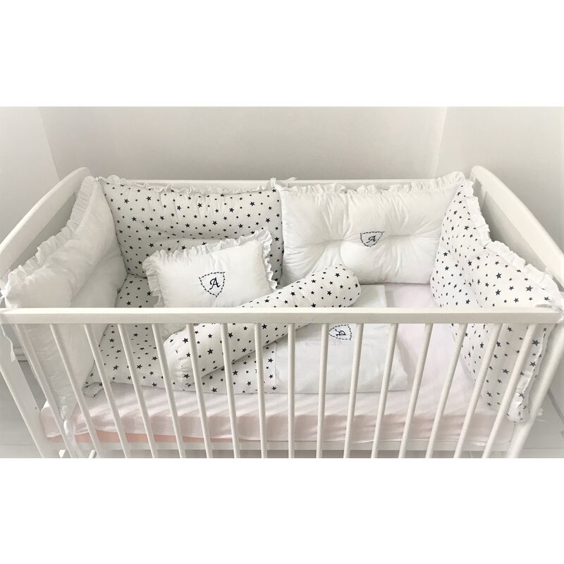 Deseda - lenjerie personalizata cu monograma cu 10 piese pat 140x70 cm alb - stelute bleumarin pe alb