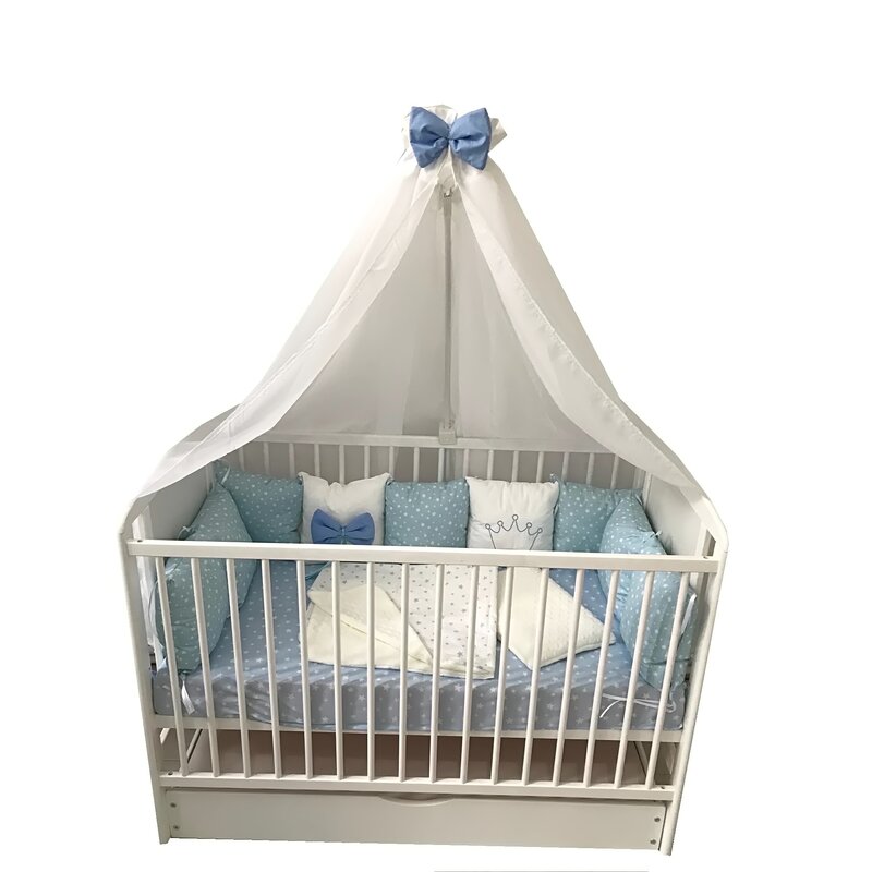 Deseda - lenjerie personalizata pat 120x60 cm cu aparatori din 9 pernute pufoase perna paturica si cearsaf cu volan albastru - stelute albe pe albastru