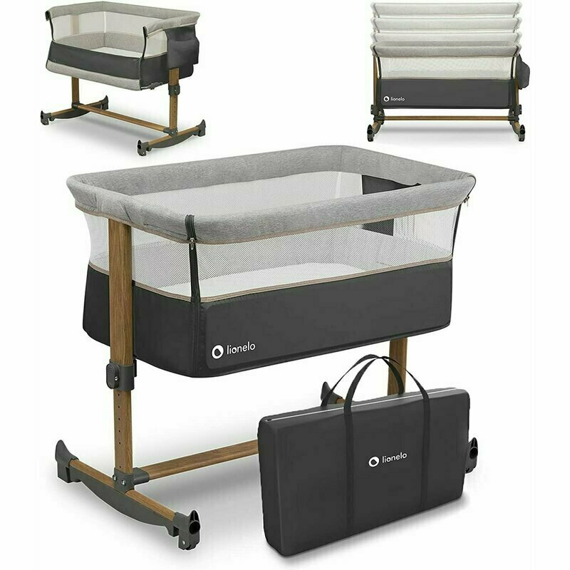 Lionelo - Patut co-sleeper Leonie Cu sistem de leganare, Cu setare unghiulara, Reglabil in 5 pozitii pe inaltime, Grey Stone, Resigilat
